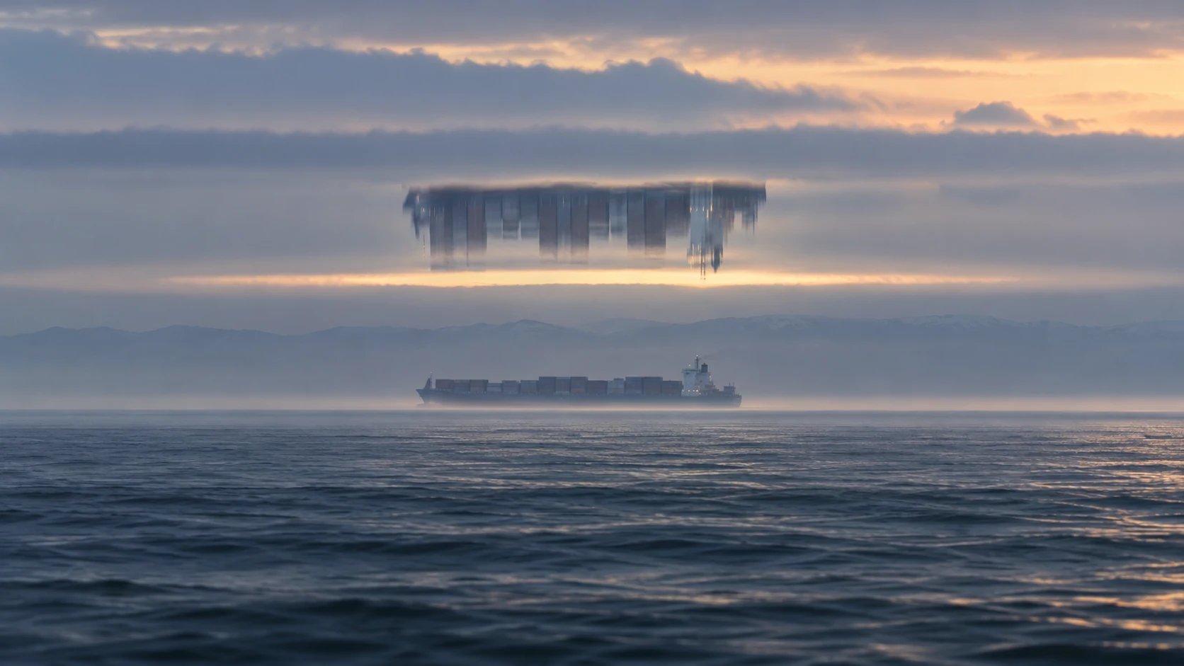Искажённое изображение далёкого корабля над морским горизонтом